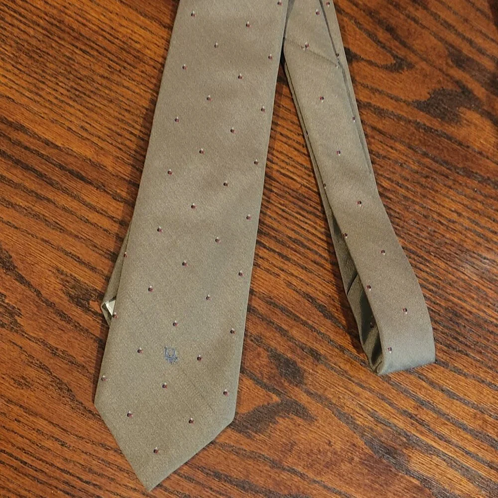 Vintage Christian Dior Logo Men’s Tie Taupe w/ White Diamond Dot Blue Dash Marks - Picture 1 of 5